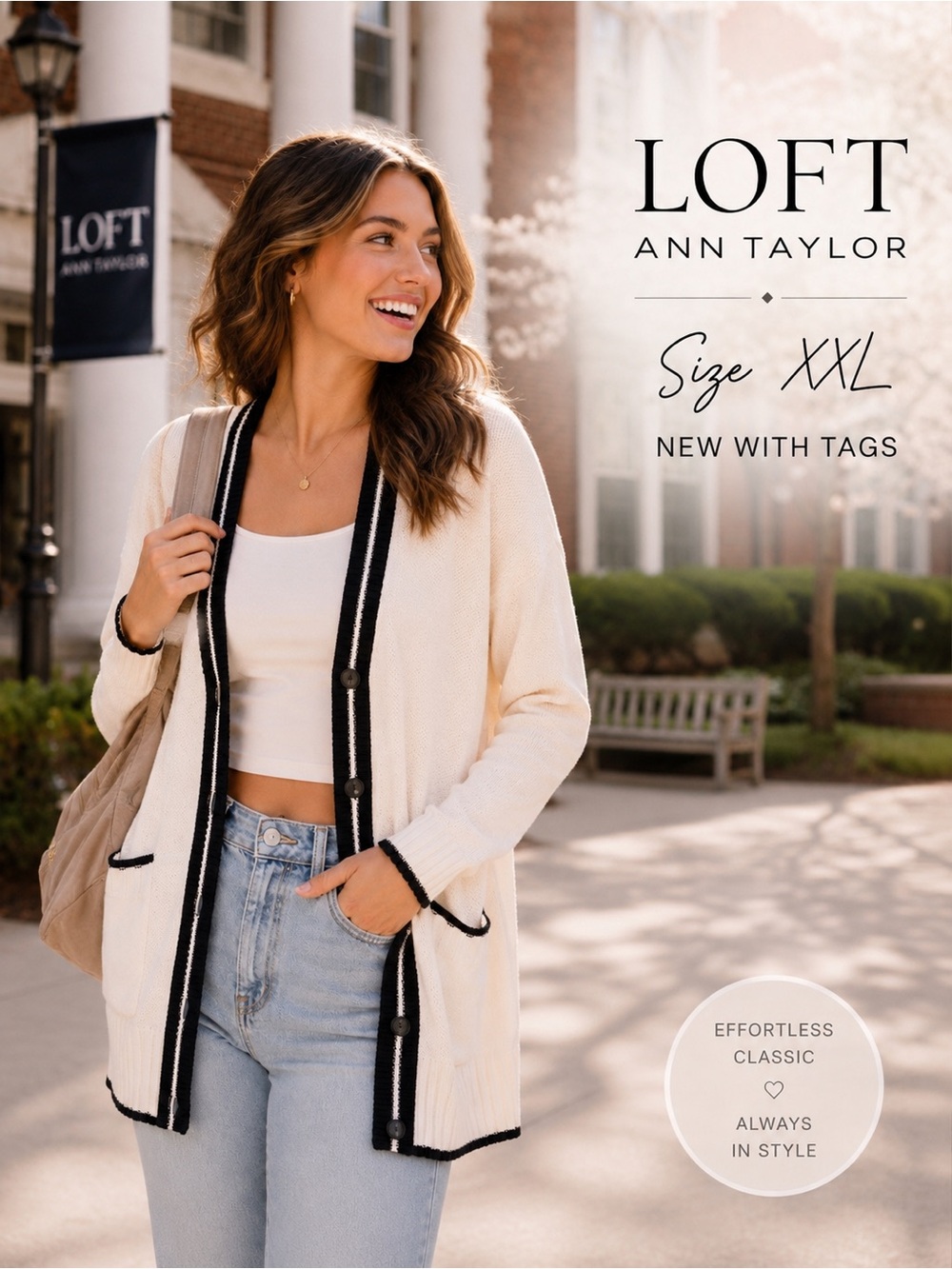 NWT LOFT Ann Taylor XXL Ivory Contrast Trim college Cardigan Sweater